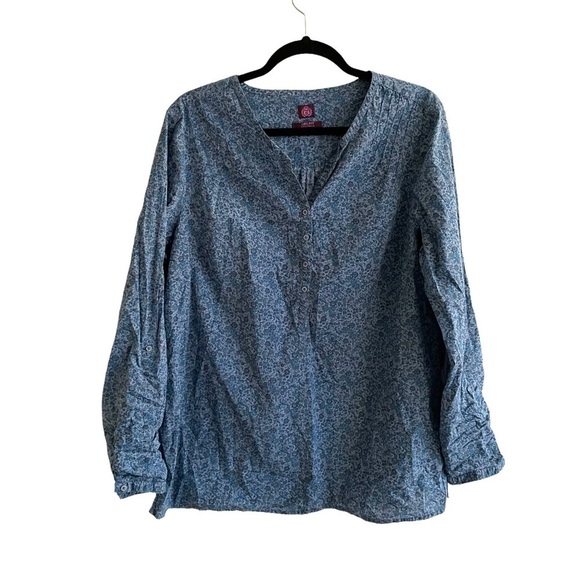 LIBERTY ART FABRICS Blue Cotton Floral Print Popover Blouse L - Picture 3 of 5